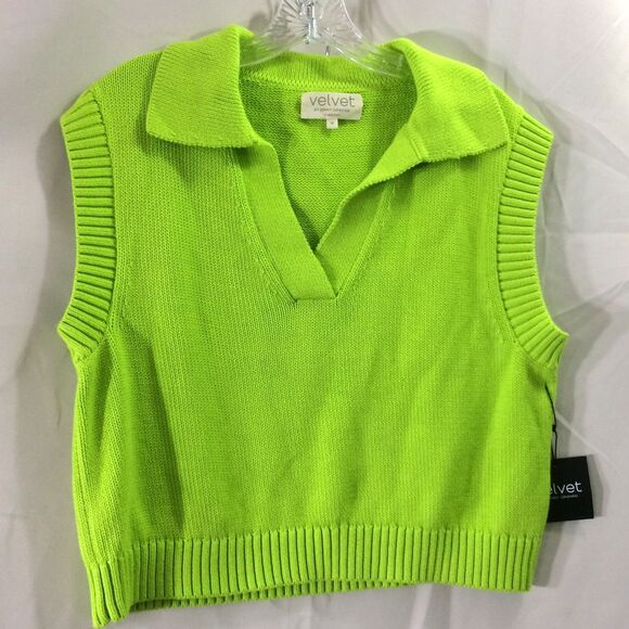 NEW Velvet By Jenny Graham Sleeveless V Neck Collared Knit Top Lime Green M NWT - Picture 3 of 6